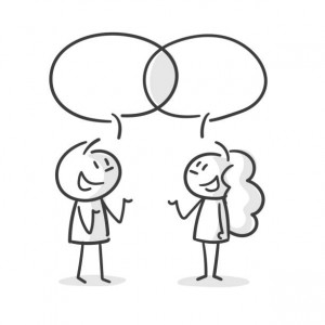 two stick figures have a conversation with speech bubbles